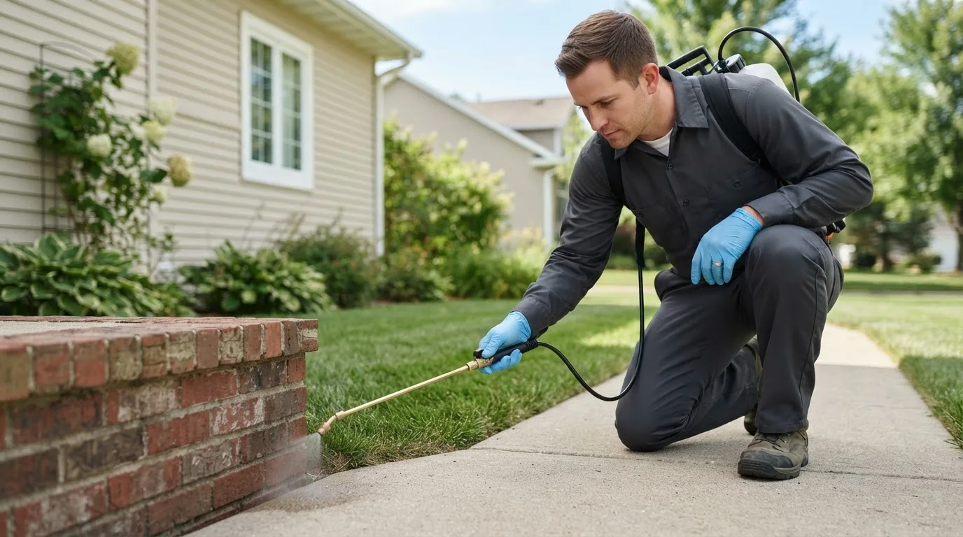 Pest control technician treating a home near Sandy Ridge, NC